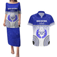 Personalized Queen Victoria School Couples Matching Puletasi Dress and Hawaiian Shirt With Fijian Tapa Pattern LT05 Blue - Polynesian Pride