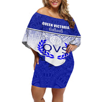 Personalized Queen Victoria School Off Shoulder Short Dress With Fijian Tapa Pattern LT05 Women Blue - Polynesian Pride