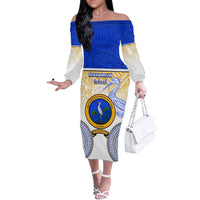 Personalized Ratu Kadavulevu School Off The Shoulder Long Sleeve Dress With Fijian Tapa Pattern LT05 Women Blue - Polynesian Pride
