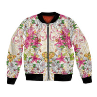 Hawaii Palaka Bomber Jacket Yellow Tribal Pattern With Tropical Flowers - Polynesian Pride