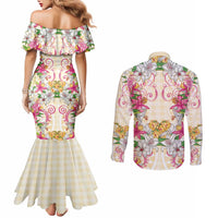Hawaii Palaka Couples Matching Mermaid Dress and Long Sleeve Button Shirt Yellow Tribal Pattern With Tropical Flowers - Polynesian Pride