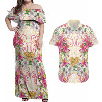 Hawaii Palaka Couples Matching Off Shoulder Maxi Dress and Hawaiian Shirt Yellow Tribal Pattern With Tropical Flowers - Polynesian Pride
