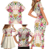 Hawaii Palaka Family Matching Short Sleeve Bodycon Dress and Hawaiian Shirt Yellow Tribal Pattern With Tropical Flowers - Polynesian Pride