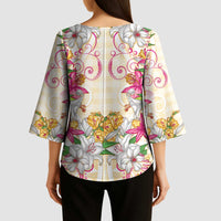 Hawaii Palaka Kimono Sleeve Blouse Yellow Tribal Pattern With Tropical Flowers - Polynesian Pride