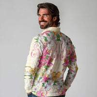 Hawaii Palaka Long Sleeve Polo Shirt Yellow Tribal Pattern With Tropical Flowers - Polynesian Pride