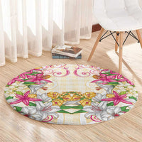 Hawaii Palaka Round Carpet Yellow Tribal Pattern With Tropical Flowers - Polynesian Pride