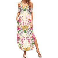 Hawaii Palaka Summer Maxi Dress Yellow Tribal Pattern With Tropical Flowers - Polynesian Pride
