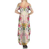 Hawaii Palaka Summer Maxi Dress Yellow Tribal Pattern With Tropical Flowers - Polynesian Pride