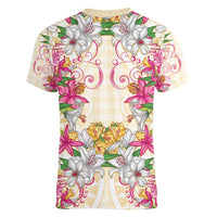 Hawaii Palaka Women V-Neck T-Shirt Yellow Tribal Pattern With Tropical Flowers - Polynesian Pride