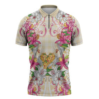 Hawaii Palaka Zipper Polo Shirt Yellow Tribal Pattern With Tropical Flowers - Polynesian Pride