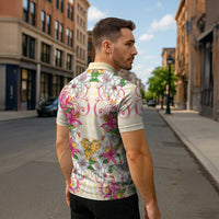 Hawaii Palaka Zipper Polo Shirt Yellow Tribal Pattern With Tropical Flowers - Polynesian Pride
