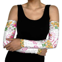 Hawaii Palaka Arm Sleeves White Tribal Pattern With Tropical Flowers - Polynesian Pride
