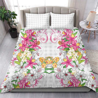 Hawaii Palaka Bedding Set White Tribal Pattern With Tropical Flowers - Polynesian Pride