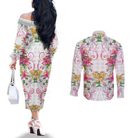 Hawaii Palaka Couples Matching Off The Shoulder Long Sleeve Dress and Long Sleeve Button Shirt White Tribal Pattern With Tropical Flowers - Polynesian Pride