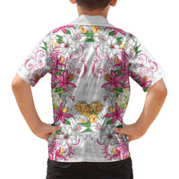 Hawaii Palaka Family Matching Off Shoulder Short Dress and Hawaiian Shirt White Tribal Pattern With Tropical Flowers - Polynesian Pride