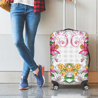 Hawaii Palaka Luggage Cover White Tribal Pattern With Tropical Flowers - Polynesian Pride