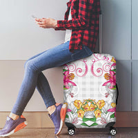 Hawaii Palaka Luggage Cover White Tribal Pattern With Tropical Flowers - Polynesian Pride