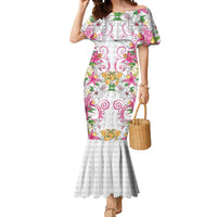 Hawaii Palaka Mermaid Dress White Tribal Pattern With Tropical Flowers - Polynesian Pride