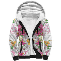Hawaii Palaka Sherpa Hoodie White Tribal Pattern With Tropical Flowers - Polynesian Pride