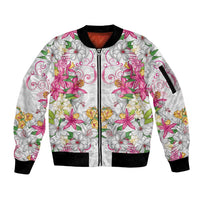 Hawaii Palaka Sleeve Zip Bomber Jacket White Tribal Pattern With Tropical Flowers - Polynesian Pride