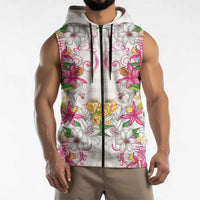 Hawaii Palaka Sleeveless Zip Hoodie White Tribal Pattern With Tropical Flowers LT05 - Polynesian Pride