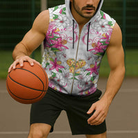 Hawaii Palaka Sleeveless Zip Hoodie White Tribal Pattern With Tropical Flowers - Polynesian Pride