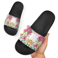Hawaii Palaka Slide Sandals White Tribal Pattern With Tropical Flowers - Polynesian Pride