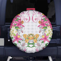 Hawaii Palaka Spare Tire Cover White Tribal Pattern With Tropical Flowers - Polynesian Pride