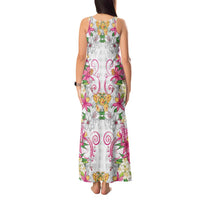 Hawaii Palaka Tank Maxi Dress White Tribal Pattern With Tropical Flowers - Polynesian Pride