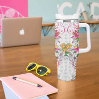 Hawaii Palaka Tumbler With Handle White Tribal Pattern With Tropical Flowers - Polynesian Pride