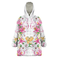 Hawaii Palaka Wearable Blanket Hoodie White Tribal Pattern With Tropical Flowers - Polynesian Pride
