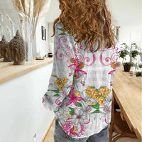 Hawaii Palaka Women Casual Shirt White Tribal Pattern With Tropical Flowers - Polynesian Pride