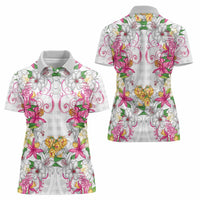 Hawaii Palaka Women Polo Shirt White Tribal Pattern With Tropical Flowers - Polynesian Pride