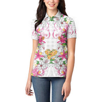 Hawaii Palaka Women Polo Shirt White Tribal Pattern With Tropical Flowers - Polynesian Pride