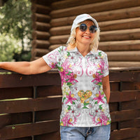 Hawaii Palaka Women Polo Shirt White Tribal Pattern With Tropical Flowers - Polynesian Pride