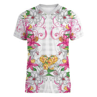 Hawaii Palaka Women V-Neck T-Shirt White Tribal Pattern With Tropical Flowers - Polynesian Pride