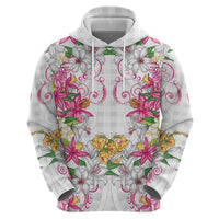 Hawaii Palaka Zip Hoodie White Tribal Pattern With Tropical Flowers - Polynesian Pride