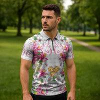 Hawaii Palaka Zipper Polo Shirt White Tribal Pattern With Tropical Flowers - Polynesian Pride