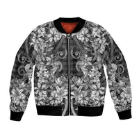 Hawaii Palaka Bomber Jacket Black Tribal Pattern With Tropical Flowers - Polynesian Pride