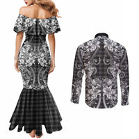 Hawaii Palaka Couples Matching Mermaid Dress and Long Sleeve Button Shirt Black Tribal Pattern With Tropical Flowers - Polynesian Pride