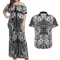 Hawaii Palaka Couples Matching Off Shoulder Maxi Dress and Hawaiian Shirt Black Tribal Pattern With Tropical Flowers - Polynesian Pride