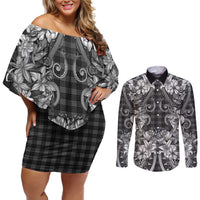 Hawaii Palaka Couples Matching Off Shoulder Short Dress and Long Sleeve Button Shirt Black Tribal Pattern With Tropical Flowers - Polynesian Pride