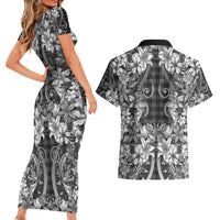 Hawaii Palaka Couples Matching Short Sleeve Bodycon Dress and Hawaiian Shirt Black Tribal Pattern With Tropical Flowers - Polynesian Pride