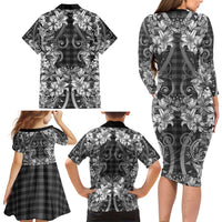 Hawaii Palaka Family Matching Long Sleeve Bodycon Dress and Hawaiian Shirt Black Tribal Pattern With Tropical Flowers - Polynesian Pride