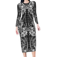 Hawaii Palaka Family Matching Long Sleeve Bodycon Dress and Hawaiian Shirt Black Tribal Pattern With Tropical Flowers - Polynesian Pride