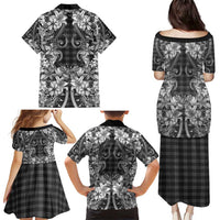 Hawaii Palaka Family Matching Puletasi and Hawaiian Shirt Black Tribal Pattern With Tropical Flowers - Polynesian Pride