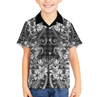 Hawaii Palaka Family Matching Short Sleeve Bodycon Dress and Hawaiian Shirt Black Tribal Pattern With Tropical Flowers - Polynesian Pride