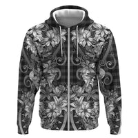 Hawaii Palaka Hoodie Black Tribal Pattern With Tropical Flowers - Polynesian Pride