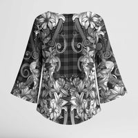 Hawaii Palaka Kimono Sleeve Blouse Black Tribal Pattern With Tropical Flowers - Polynesian Pride