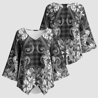 Hawaii Palaka Kimono Sleeve Blouse Black Tribal Pattern With Tropical Flowers - Polynesian Pride